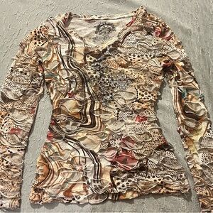 Christina Long Sleeve V-Neck Printed Top in Cream, Brown, Pink